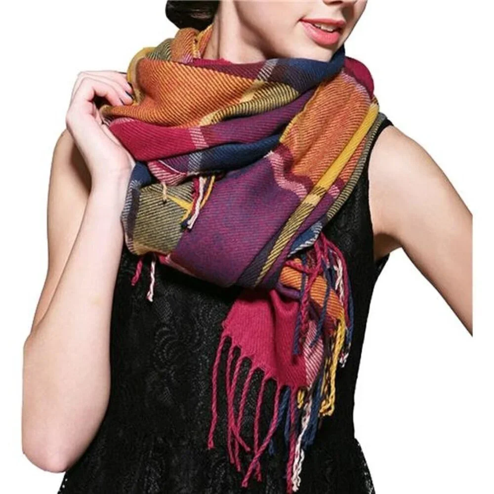 Blanket Scarf Long Plaid Women's Chunky Oversized Winter Fall Winter Purple